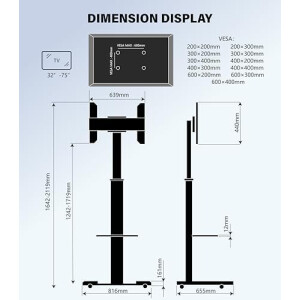 XTRARM Proton 500 mobiler TV Ständer mit Ablage, TV ca. 37-70 Zoll / 40 kg, viele VESA-Größen, Variable Höhe bis ca. 211 cm, Schwarz/Silber, TV-Sta...